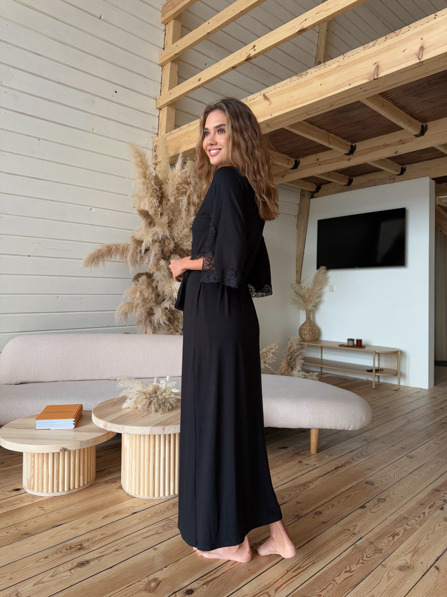 Black long boudoir robe with lace