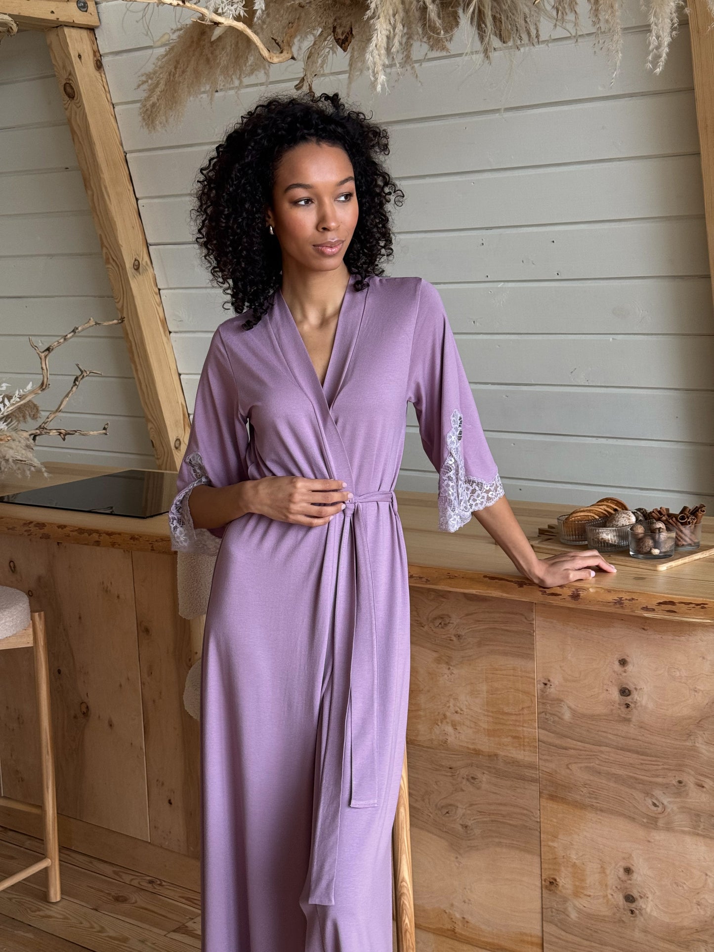 Lilac long boudoir robe with lace