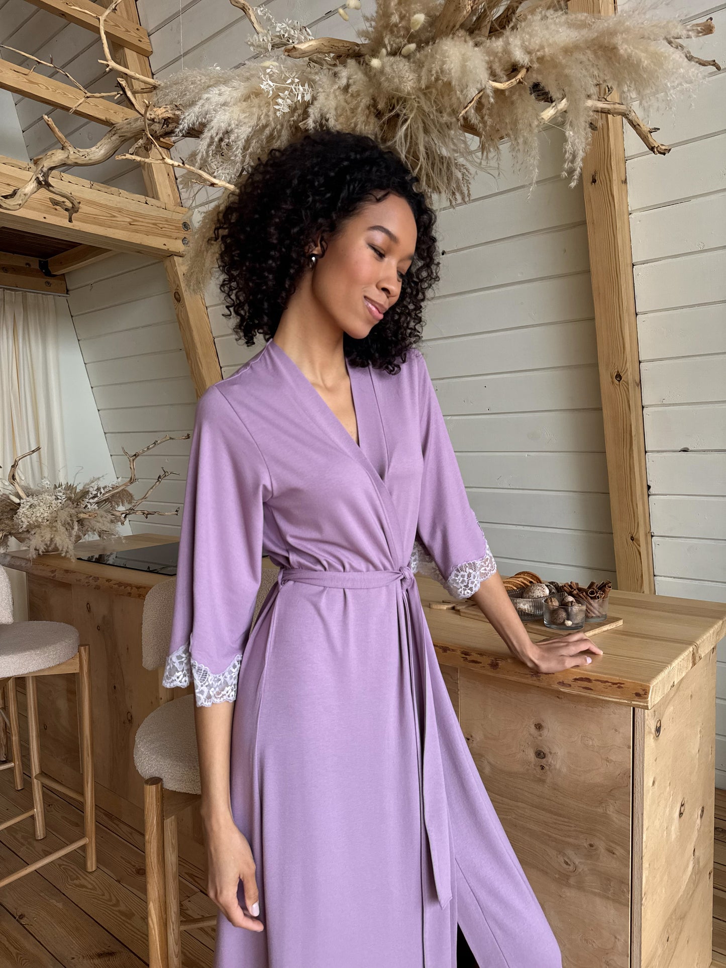 Lilac long boudoir robe with lace