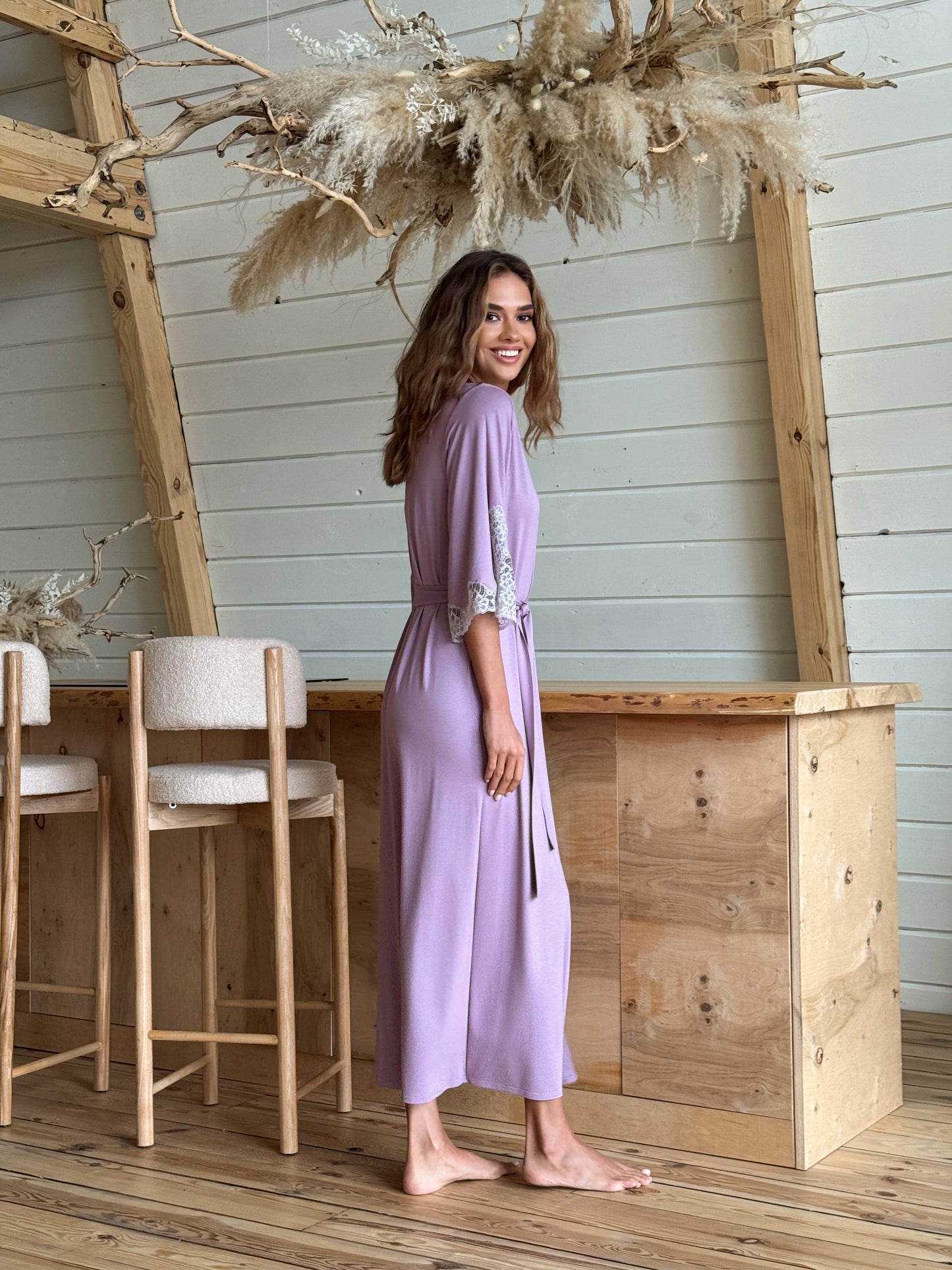 Lilac long boudoir robe with lace