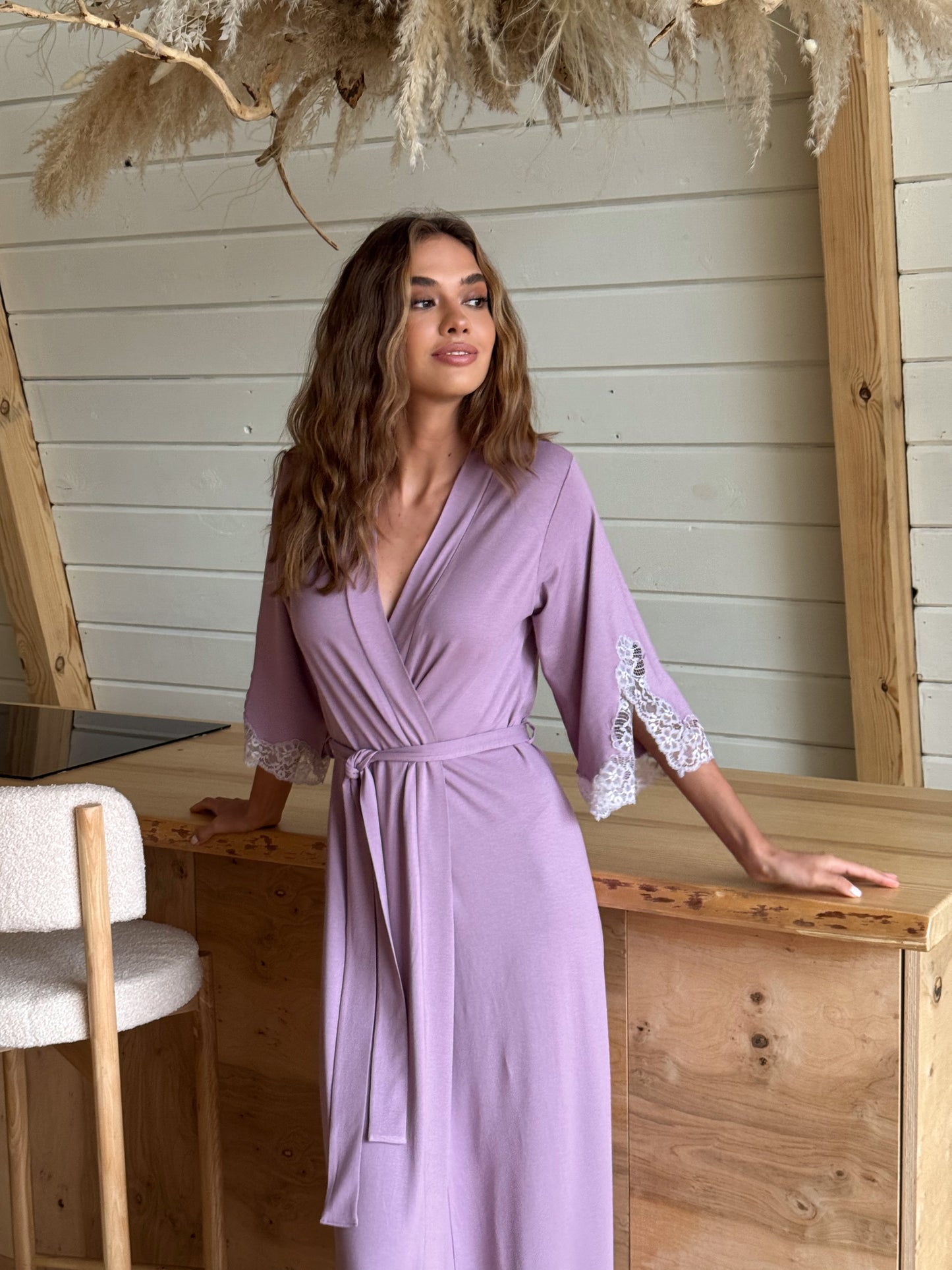 Lilac long boudoir robe with lace
