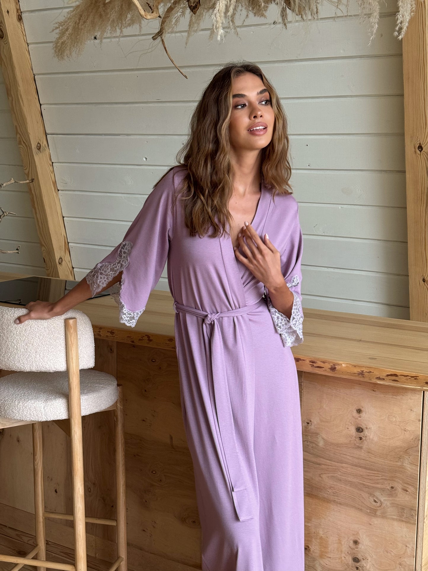 Lilac long boudoir robe with lace