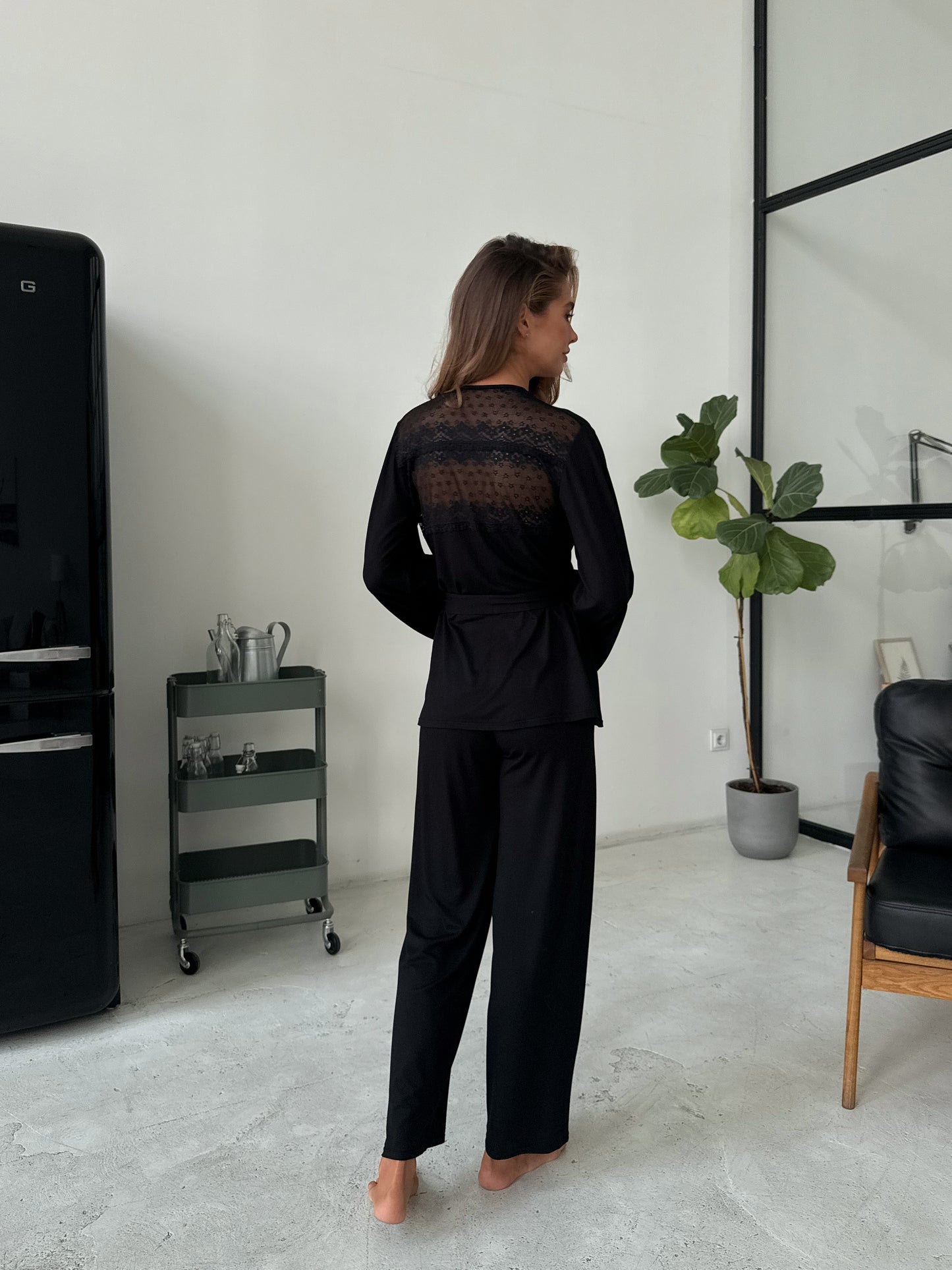 Elegant three piece pajamas set Black