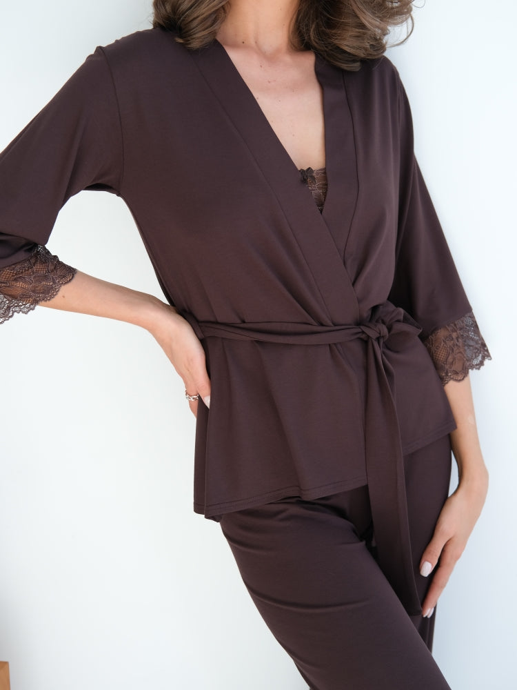 Elegant brown three piece pajamas set with lace