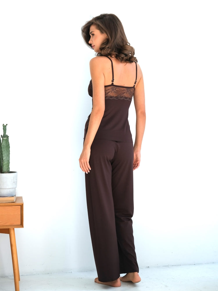Elegant brown three piece pajamas set with lace