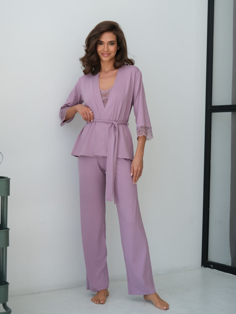 Elegant lilac three piece pajamas set with lace