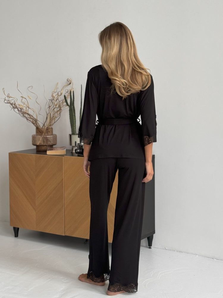 Elegant black three piece pajamas set with lace
