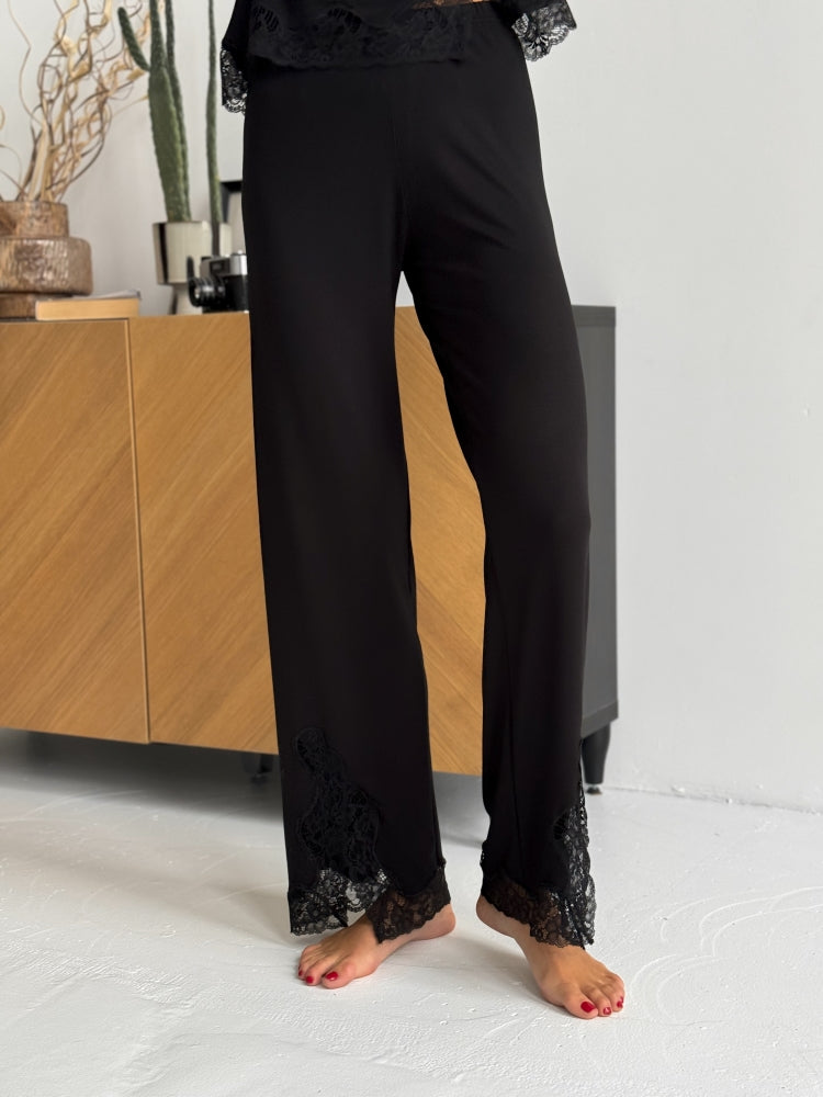 Elegant black three piece pajamas set with lace