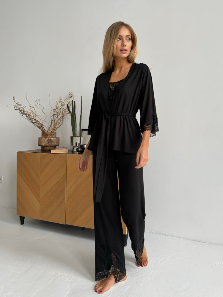 Elegant black three piece pajamas set with lace