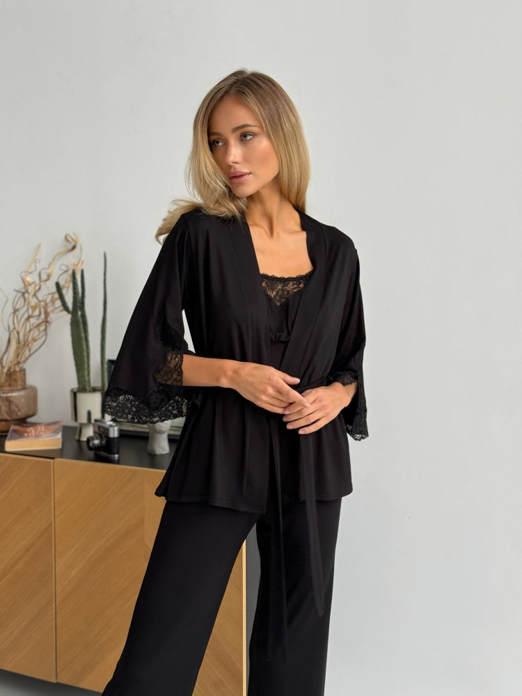 Elegant black three piece pajamas set with lace