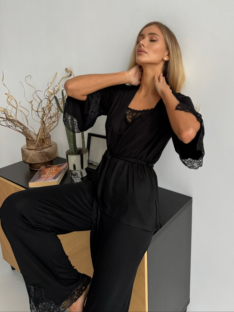 Elegant black three piece pajamas set with lace