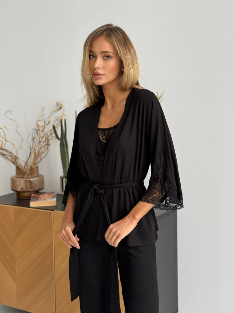 Elegant black three piece pajamas set with lace