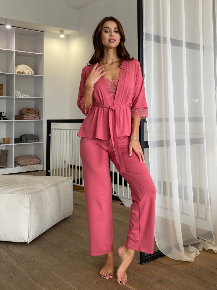 Pink three piece pajamas set with lace