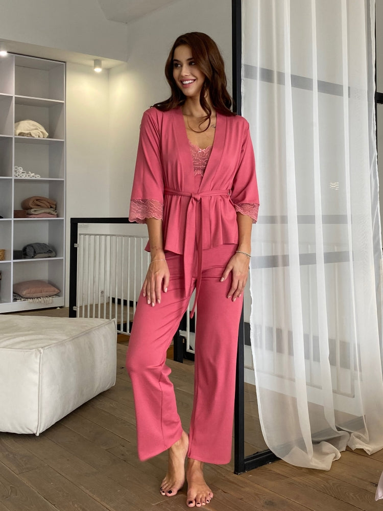 Pink three piece pajamas set with lace