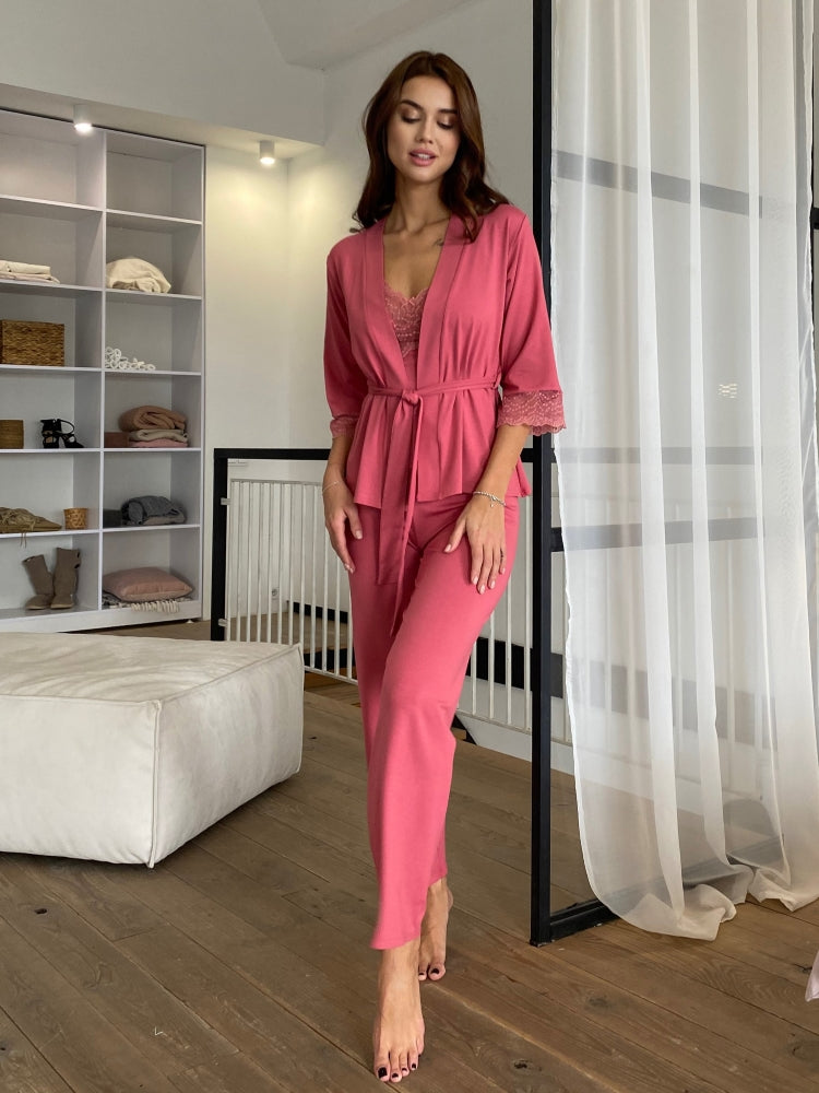 Pink three piece pajamas set with lace