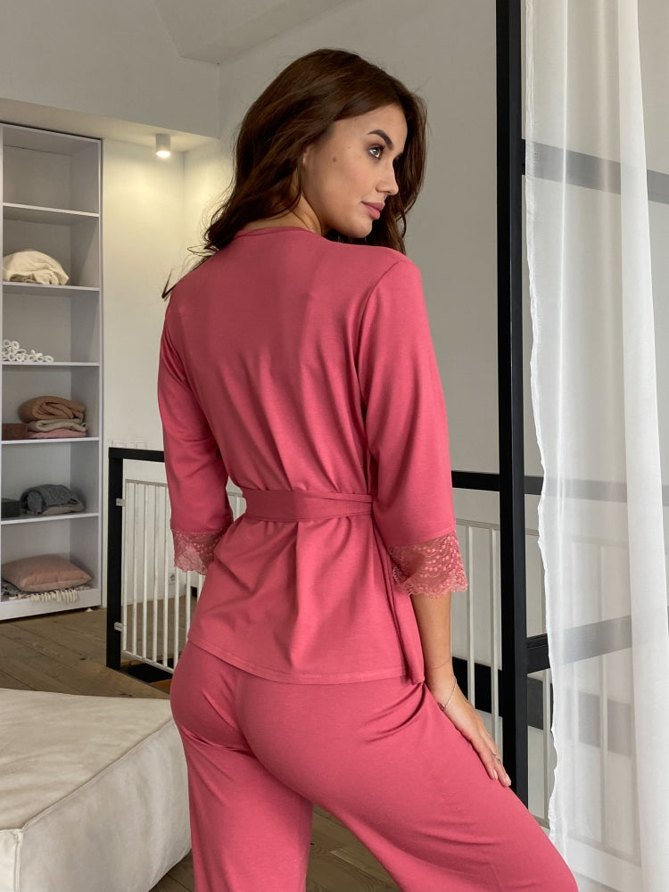 Pink three piece pajamas set with lace