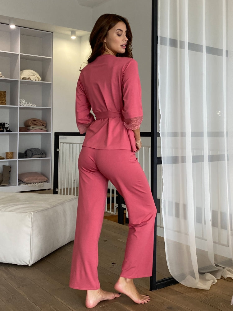 Pink three piece pajamas set with lace