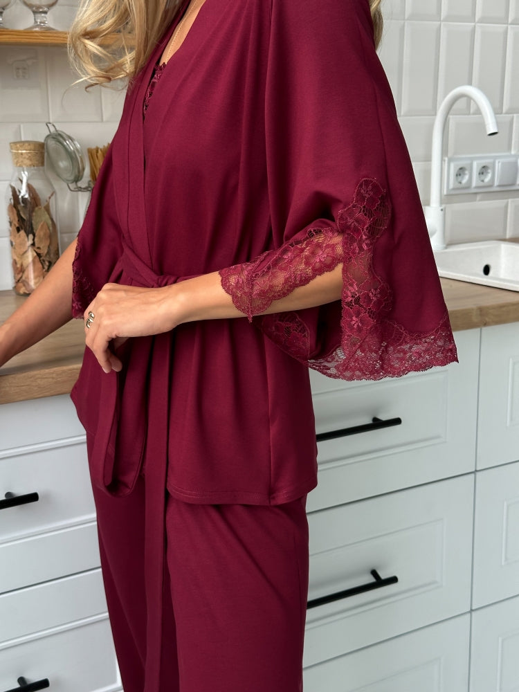 Elegant burgundy three piece pajamas set with lace