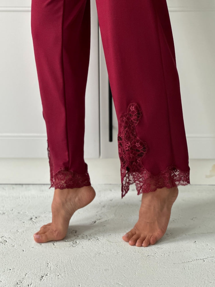 Elegant burgundy three piece pajamas set with lace