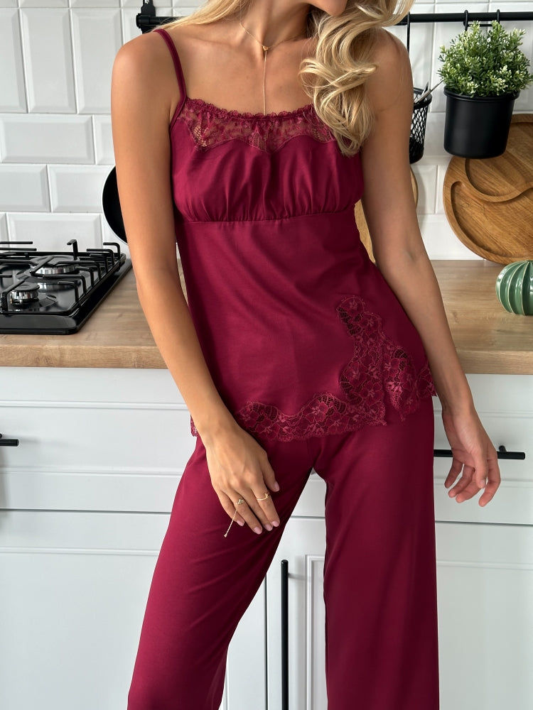 Elegant burgundy three piece pajamas set with lace