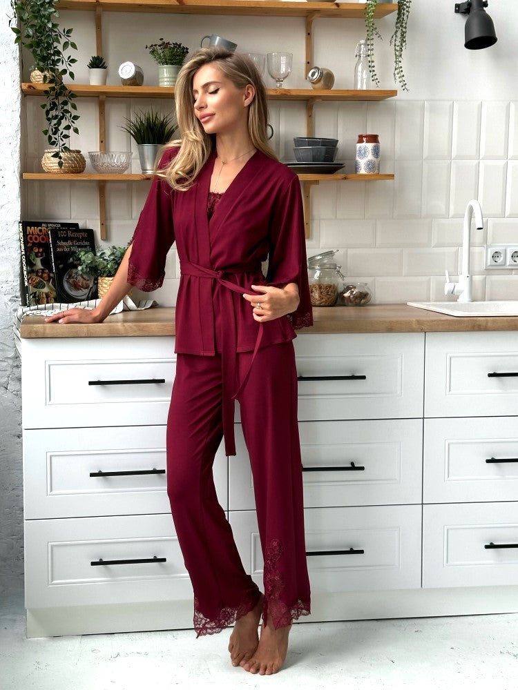 Elegant burgundy three piece pajamas set with lace