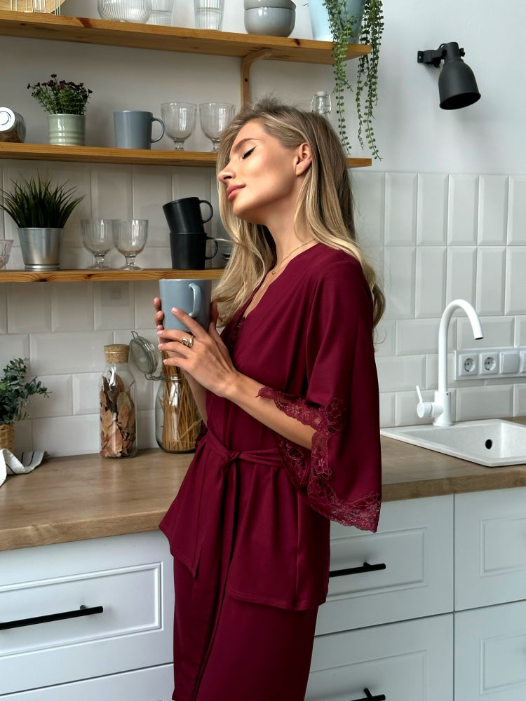 Elegant burgundy three piece pajamas set with lace