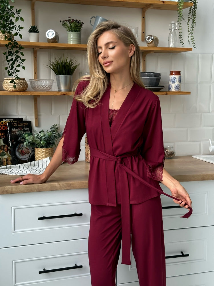 Elegant burgundy three piece pajamas set with lace