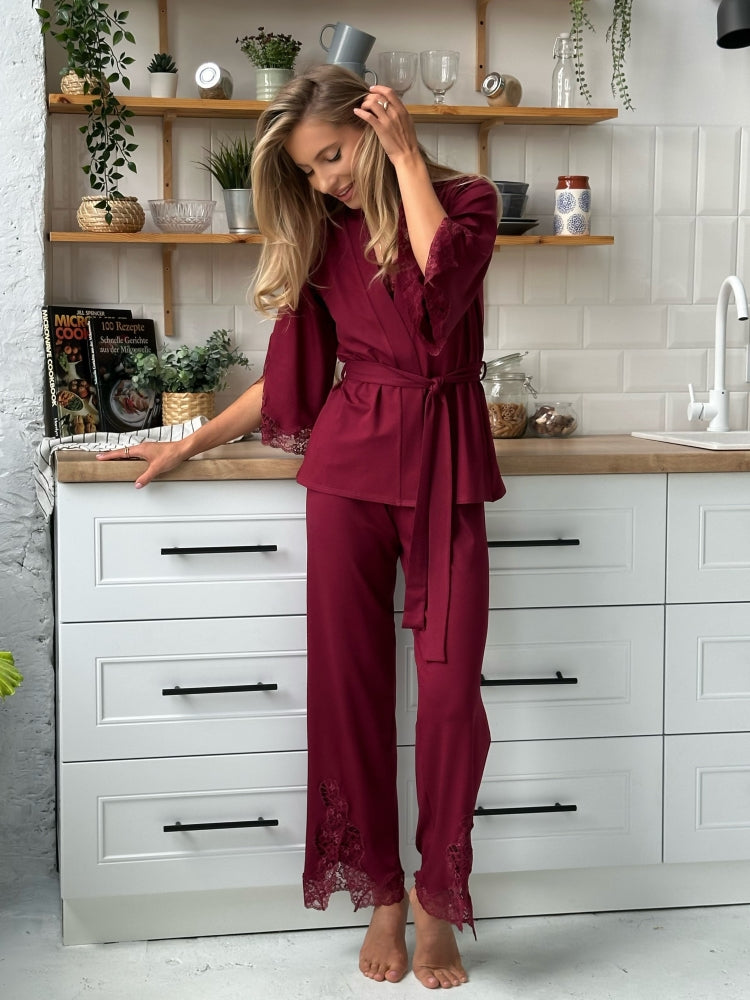 Elegant burgundy three piece pajamas set with lace
