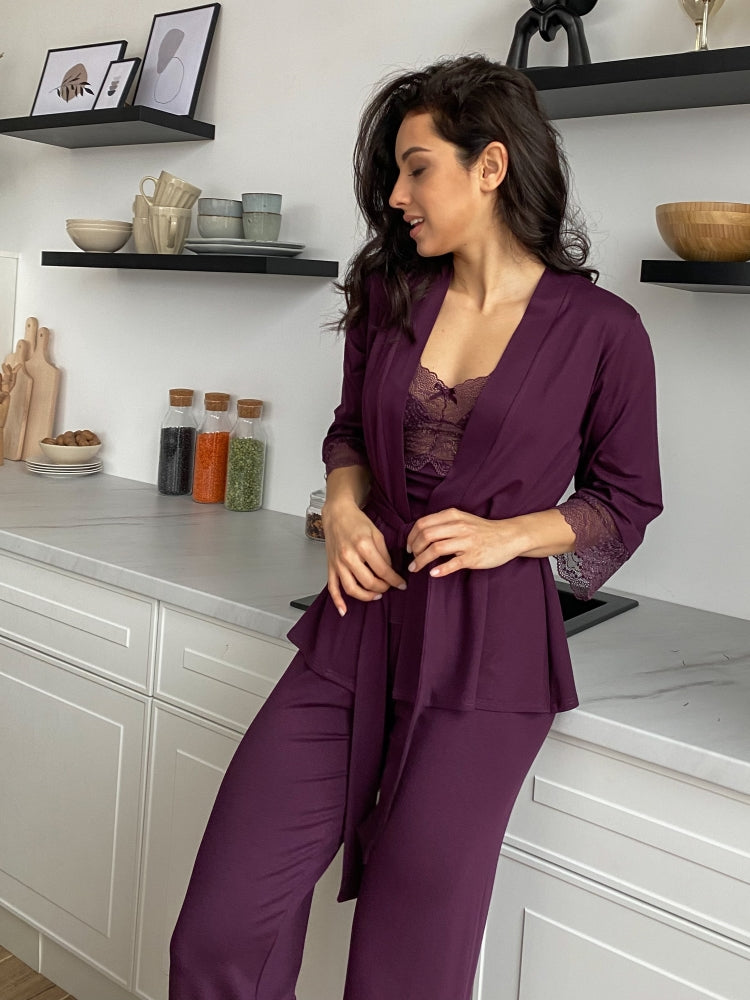 Purple three piece pajamas set with lace