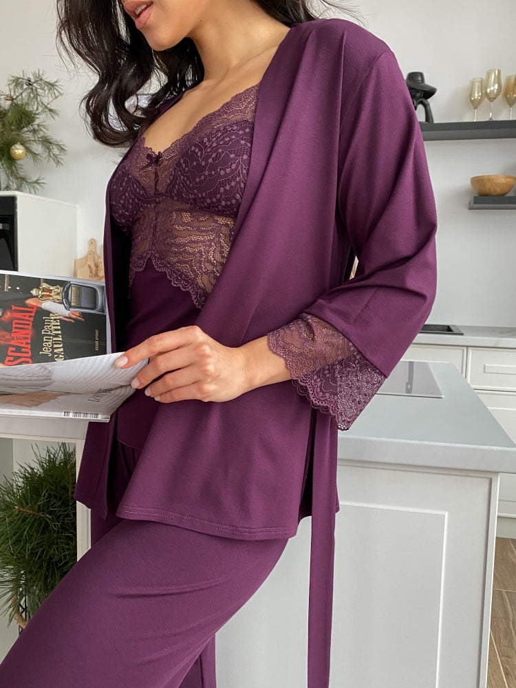Purple three piece pajamas set with lace