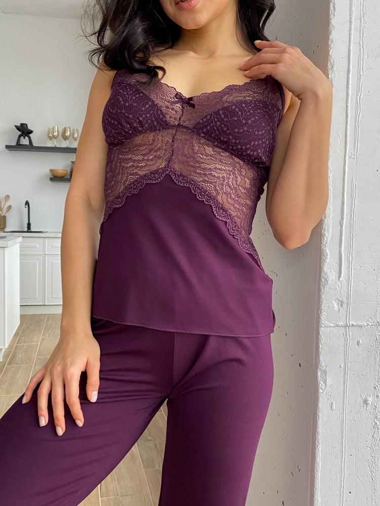 Purple three piece pajamas set with lace