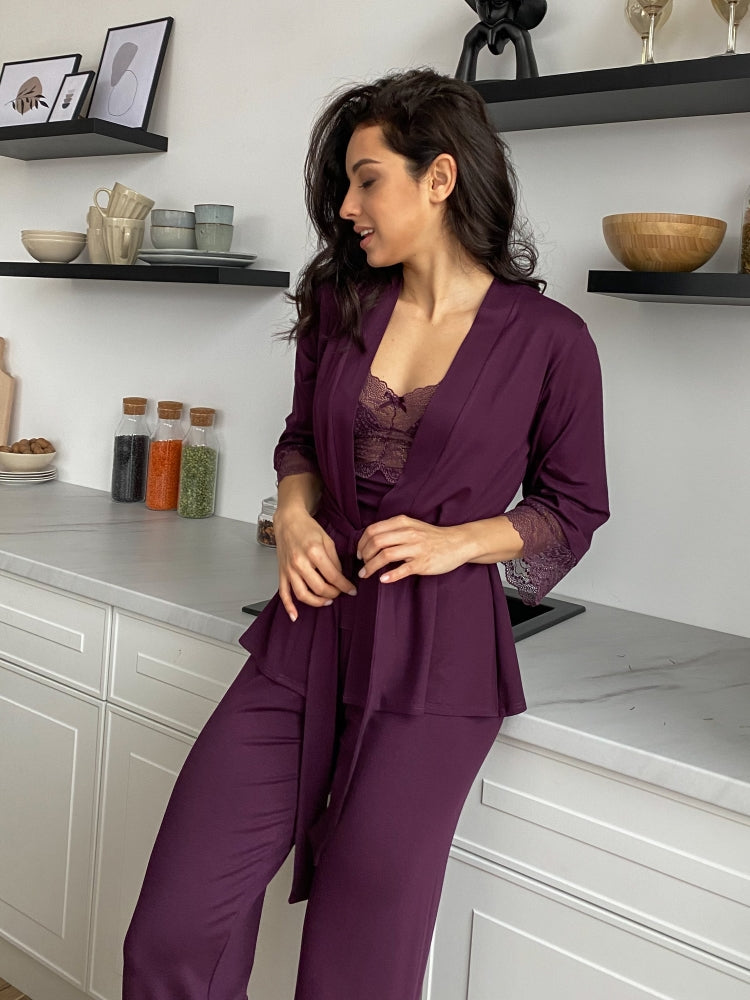 Purple three piece pajamas set with lace