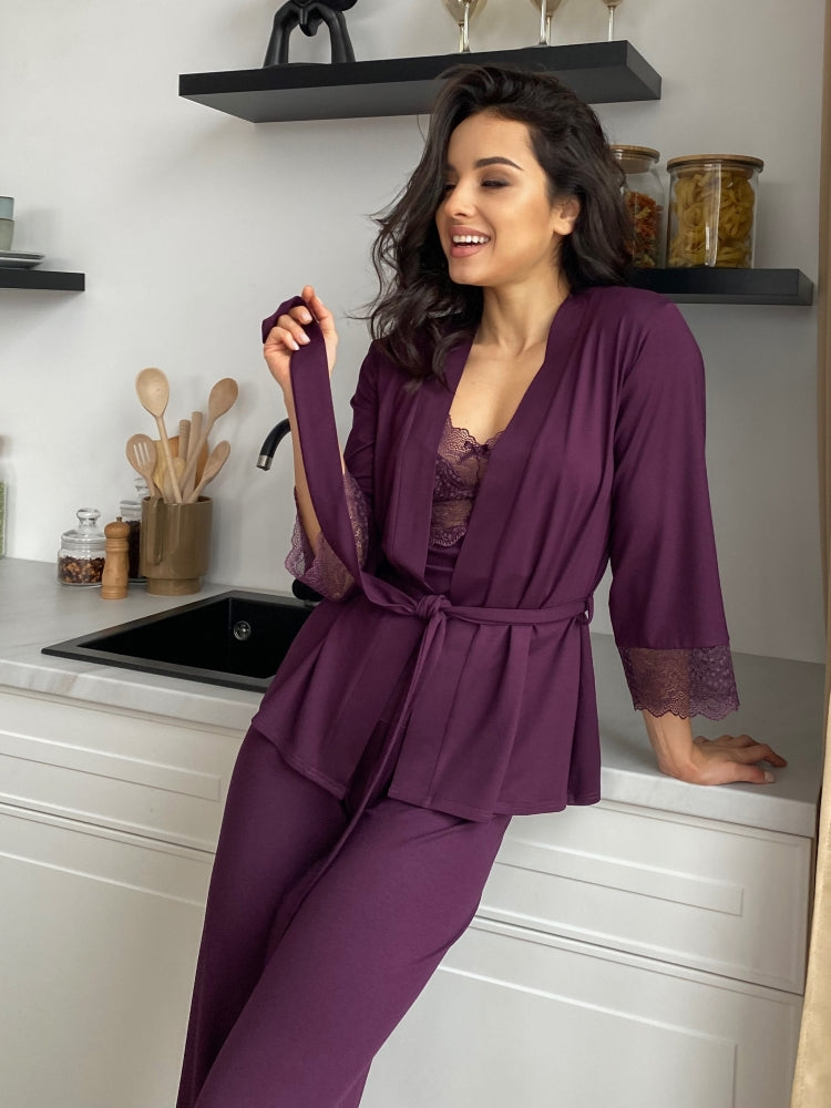 Purple three piece pajamas set with lace