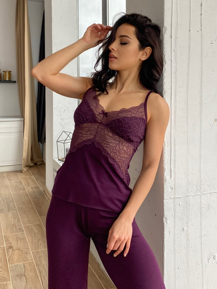 Purple three piece pajamas set with lace
