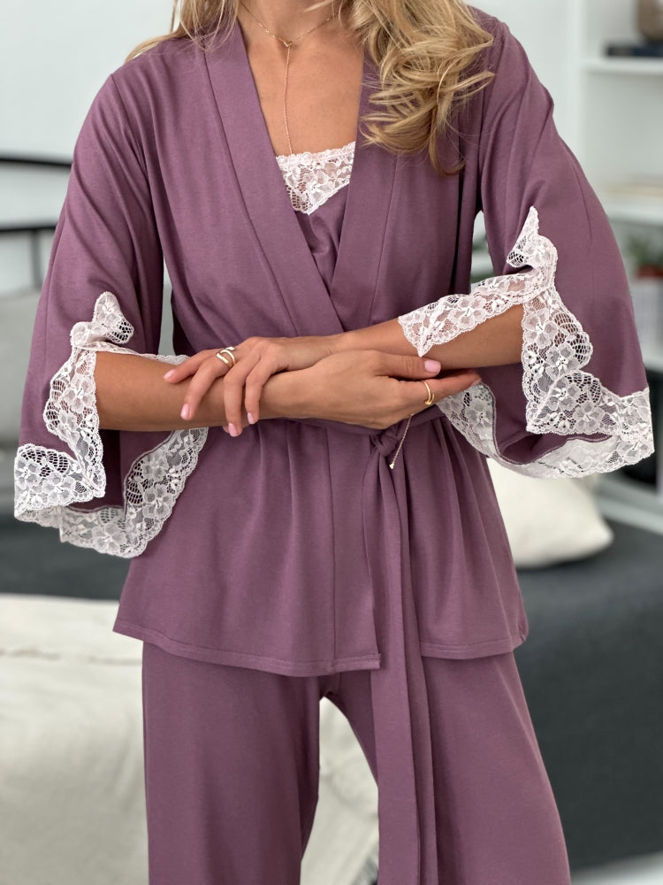 Elegant rose gold three piece pajamas set with lace
