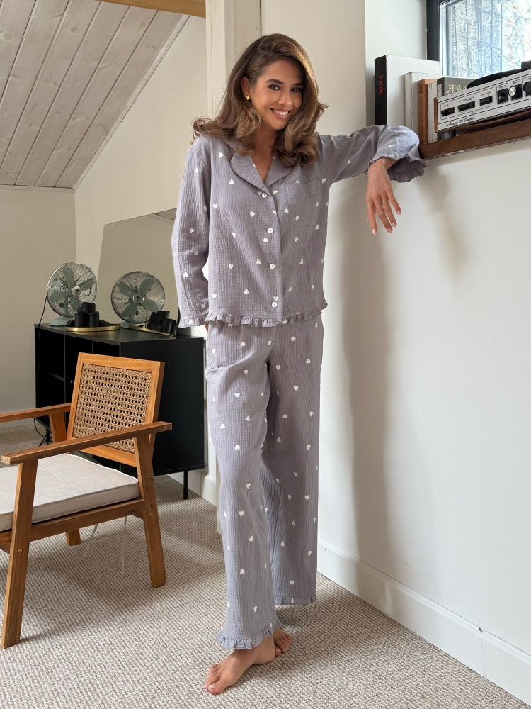Muslin gray pajama set with print
