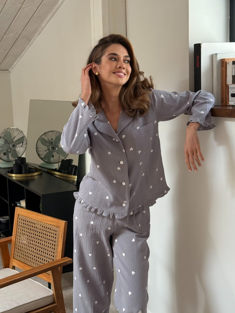 Muslin gray pajama set with print