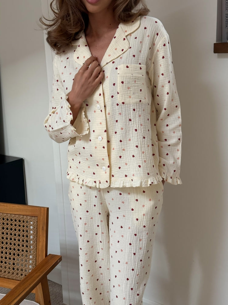 Muslin beige pajama set with print