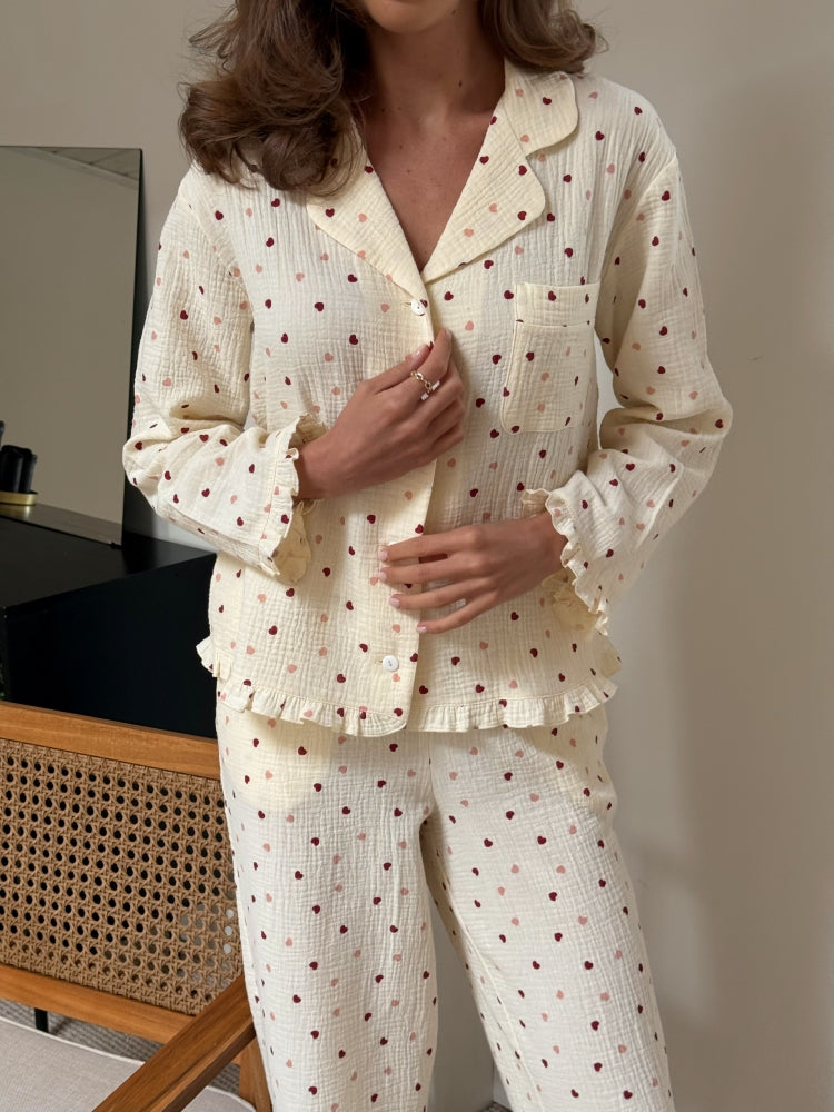 Muslin beige pajama set with print
