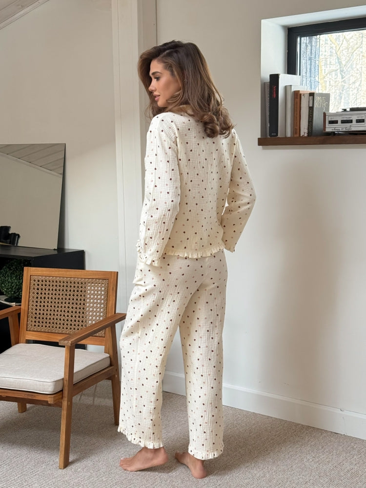 Muslin beige pajama set with print