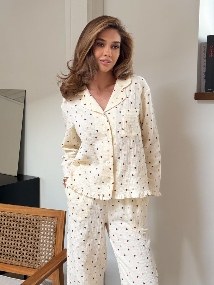 Muslin beige pajama set with print