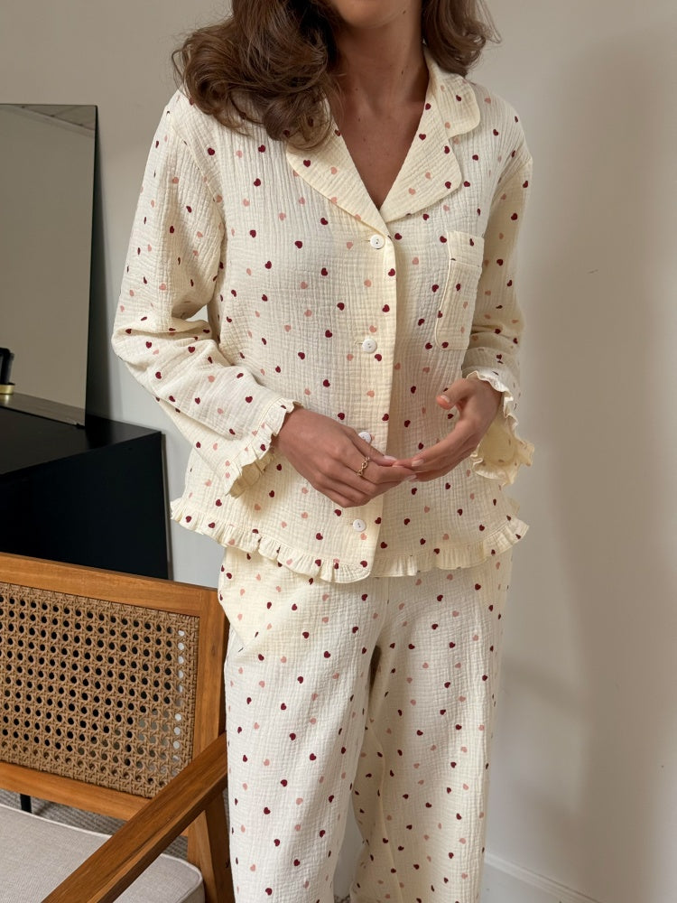 Muslin beige pajama set with print