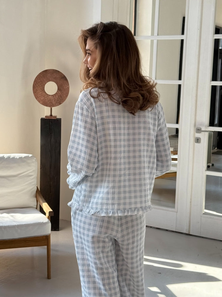 Muslin blue pajama set with print