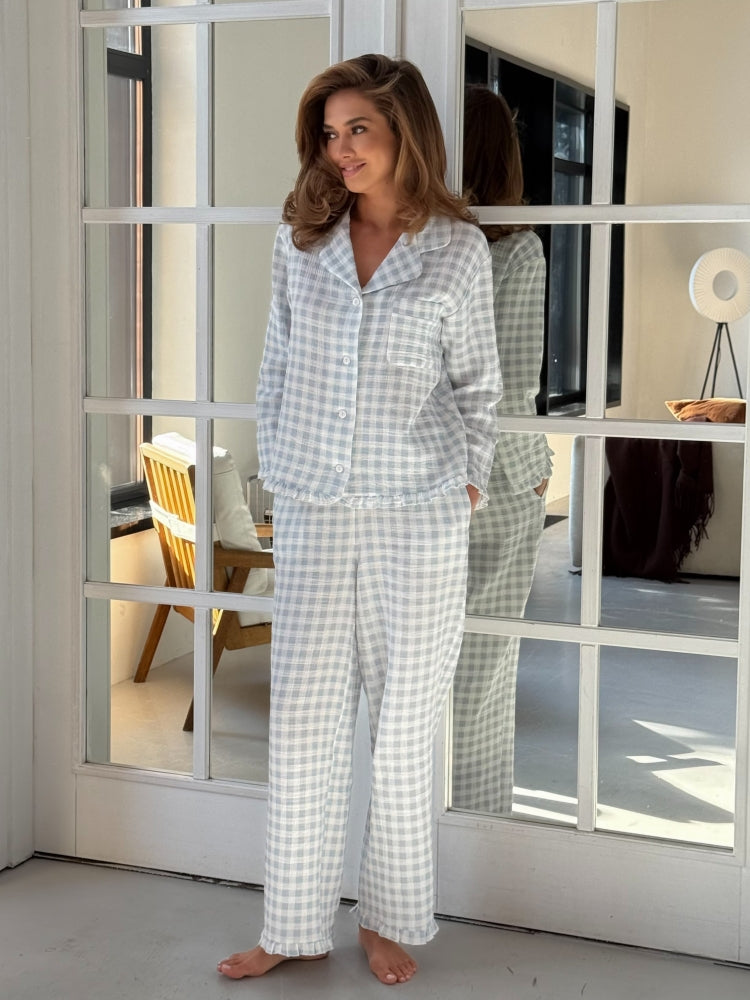 Muslin blue pajama set with print