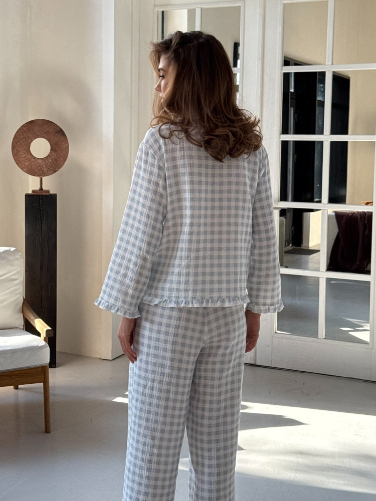 Muslin blue pajama set with print
