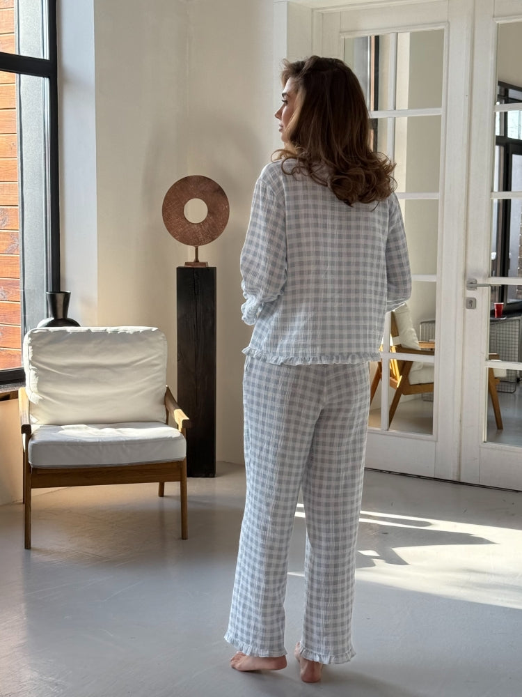 Muslin blue pajama set with print