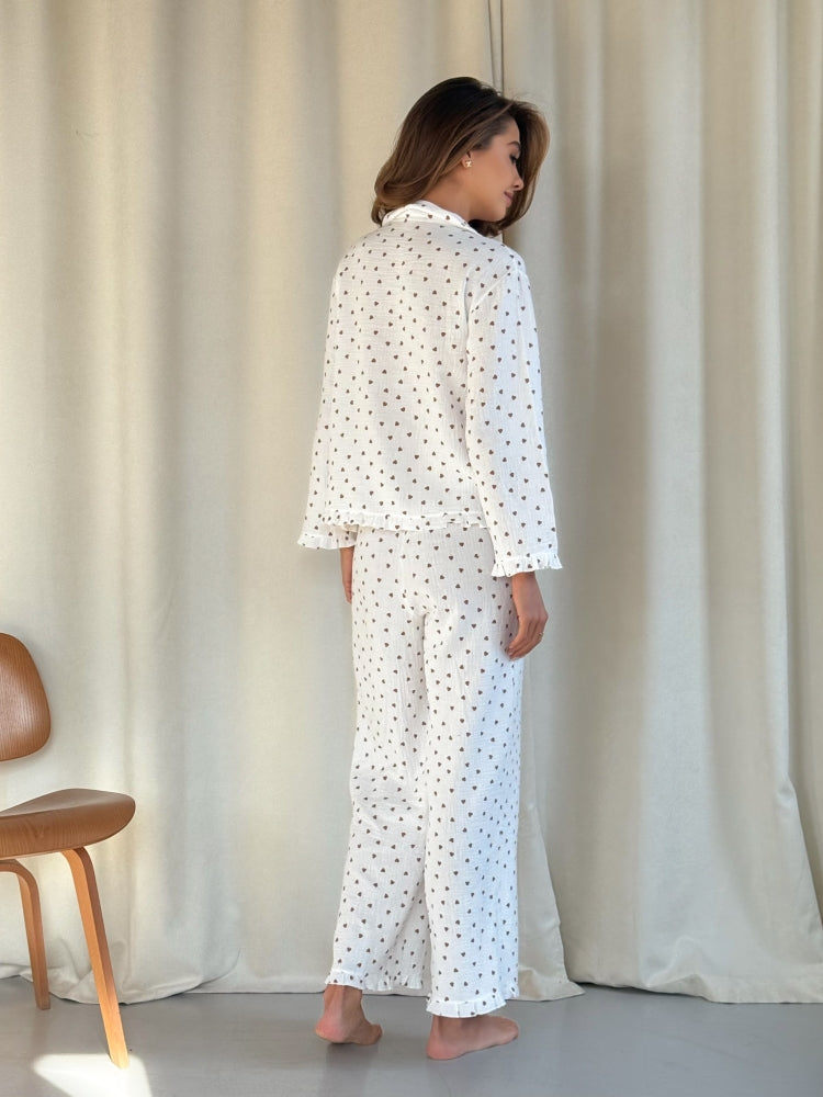 Muslin ecru pajama set with print