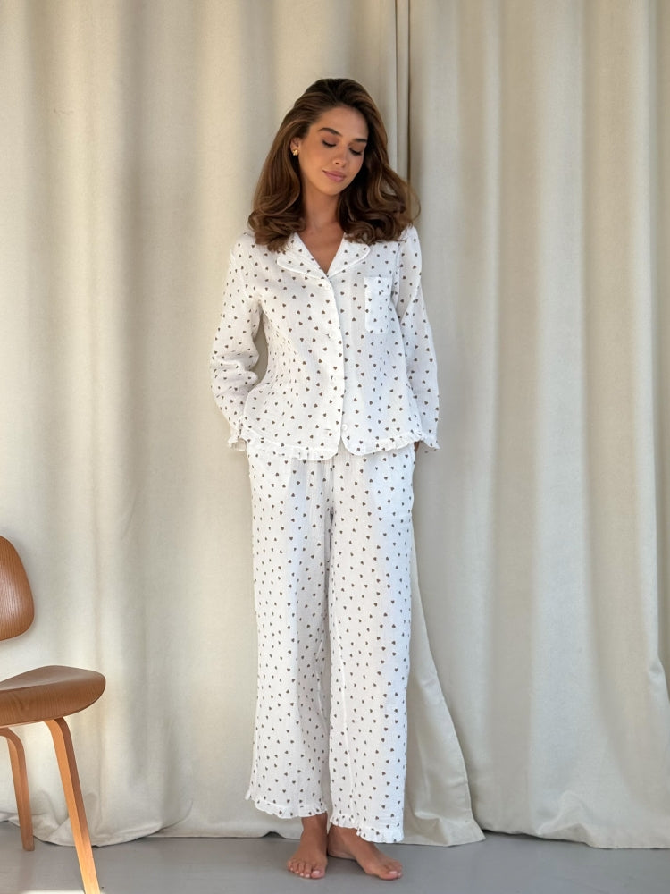 Muslin ecru pajama set with print