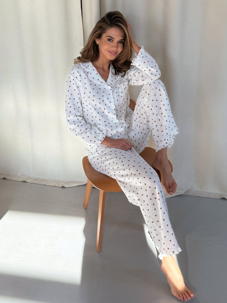 Muslin ecru pajama set with print