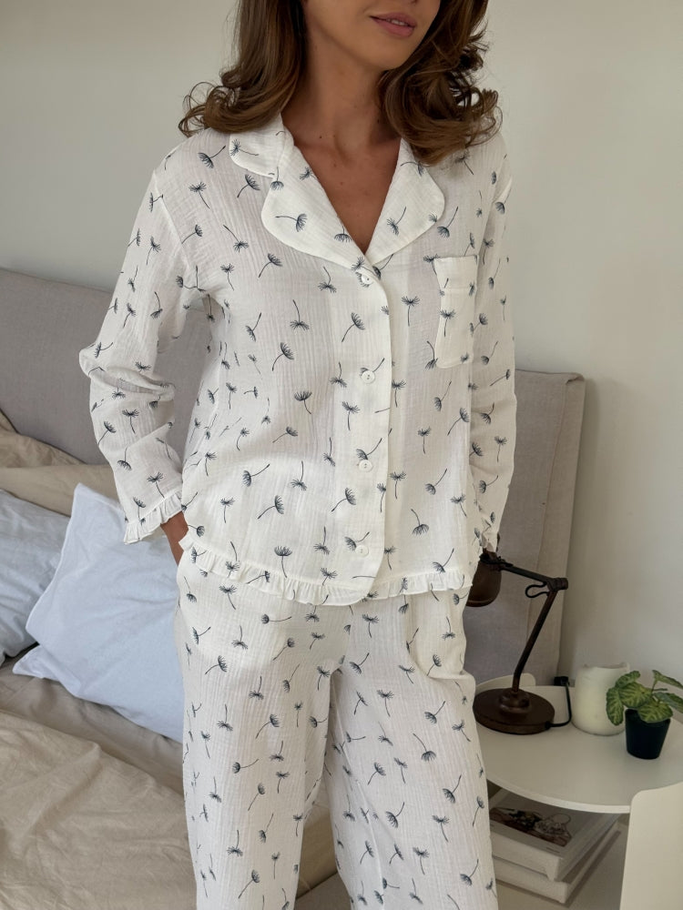 Muslin white pajama set with print